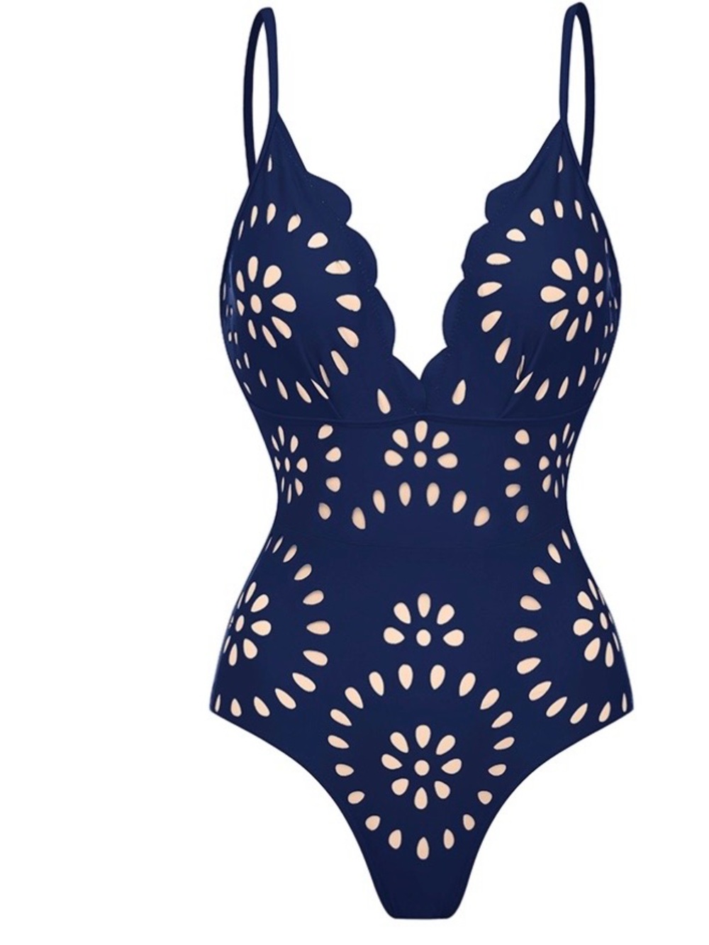 One-Piece Swimsuit Laser Cut Floral Design Scalloped Deep V Fully Lined XL